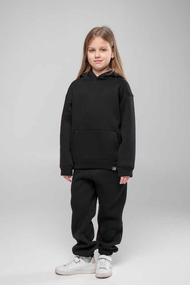 Tracksuit for a girl with a hoodie on fleece. Color: Black