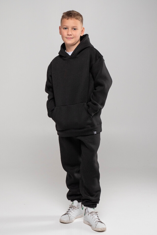 Tracksuit for a boy with a hoodie on fleece. Color: Black