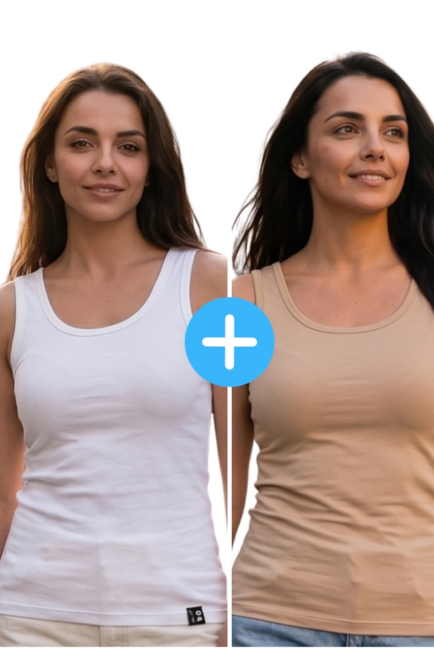 Set of 2 women's basic Kopo tops:  white, beige
